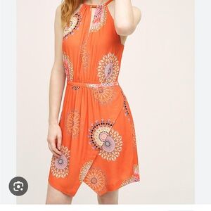 Anthropologie 6P Floreat Livia Halter mini dress Orange Sleeveless Sunburst